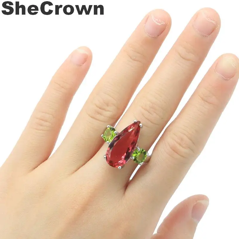 

20x22mm Multi Color Created Pink Tourmaline Peridot CZ Woman's Party Silver Ring
