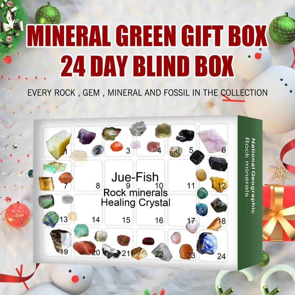 Original Stone Storage Gift Box Natural Crystal Agate Stone 3.74 x 2.36 in 24 Kinds of Ore Samples Christmas Countdown Original Stone 24PC Muticolor