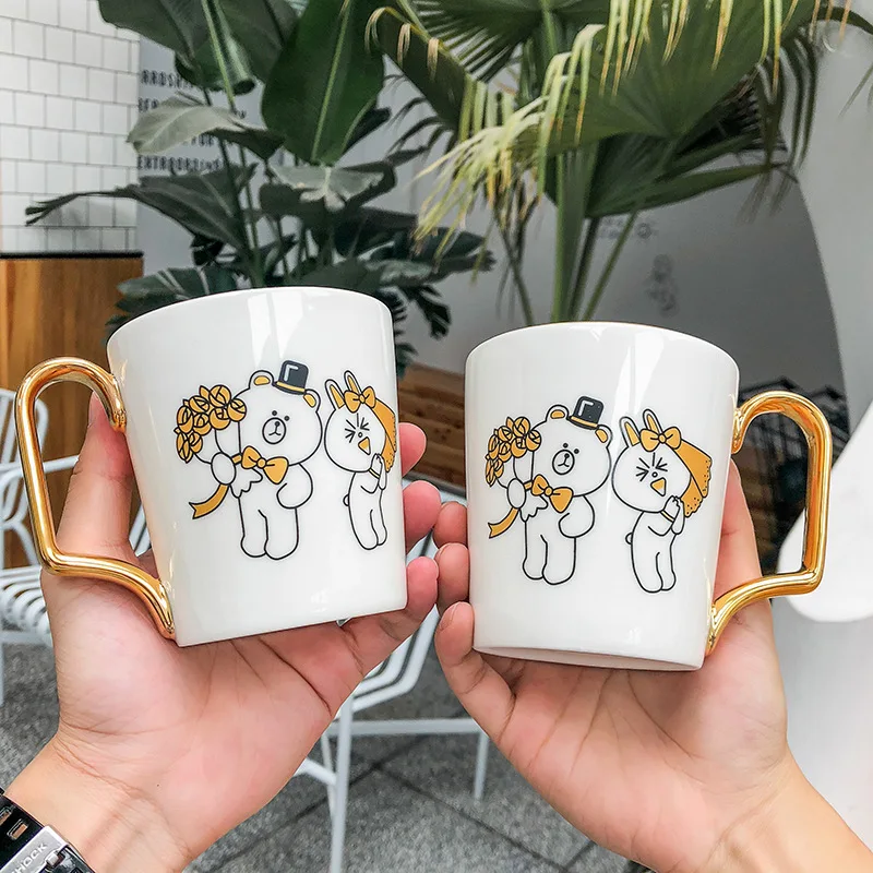 

Creative Cute Cartoon Ceramic Cup Personality Trend Couple Drawing Gold Handle Mug Home Simple Coffee Breakfast Milk Cup
