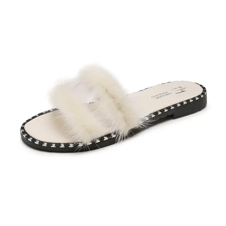 

2019 Summer Women's Slippers Slip-On Solid Fur Round Toe Casual Fashion Flat Heels Flat PU All-match 35-40