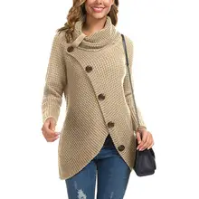 1 шт. модные зимние однотонные женские массивные пуговицы черепаха хомут шеи асимметричный подол обёрточная Мода свитер