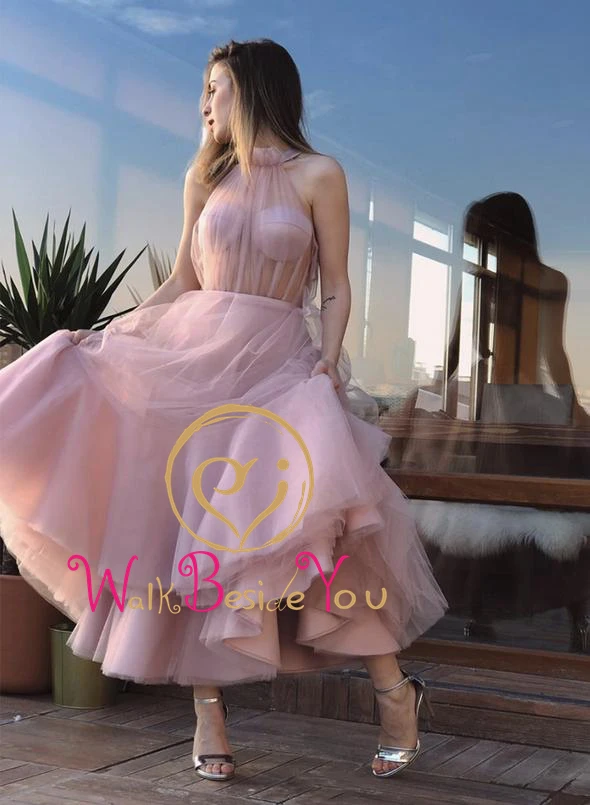 Elegant Prom Dressses Pink Tulle Ankle Length High Neck Illusion Sleeveless A Line Evening Gown vestido de graduacion largo