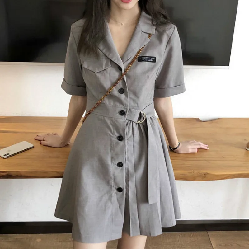 Short Sleeve Dress Women Solid V-Neck Single Breast Sashes Summer Womens Beauty Leisure Fashion Chic Retro Lovely Ulzzang Mini purple dress