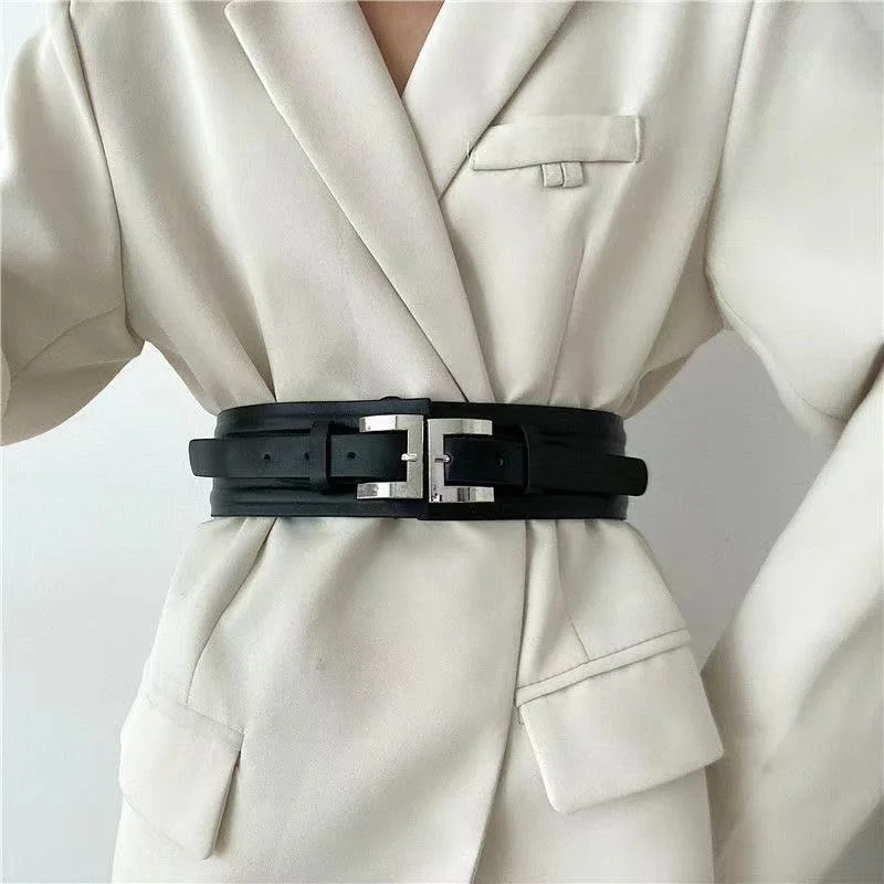 Ladies Fashion Luxury Adjustadle Metal Silver Buckle Wide Belt PU Leather Corset Cummerbunds Fashion Wild Pin Buckle Belt Waist