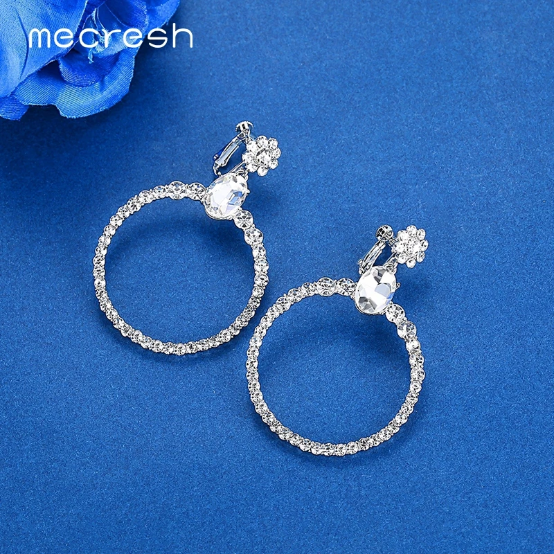 Mecresh кристалл круглые клипсы на свадебные серьги для невесты ювелирные изделия серебряного цвета Женская Сережка серьги без пирсинга MEH1635