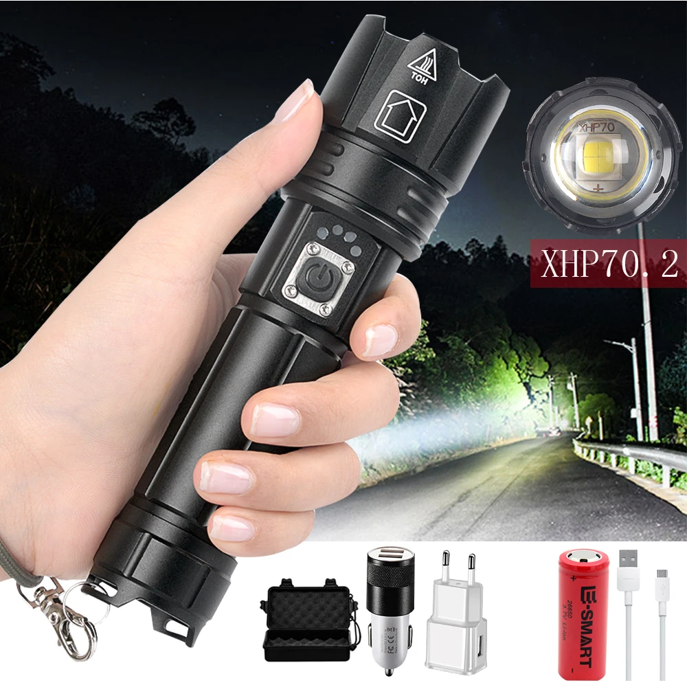 12000LM Ultra Powerful XHP70.2 LED Flashlight USB Rechargeable Tactical Light 5 light mode26650 Waterproof camping torch