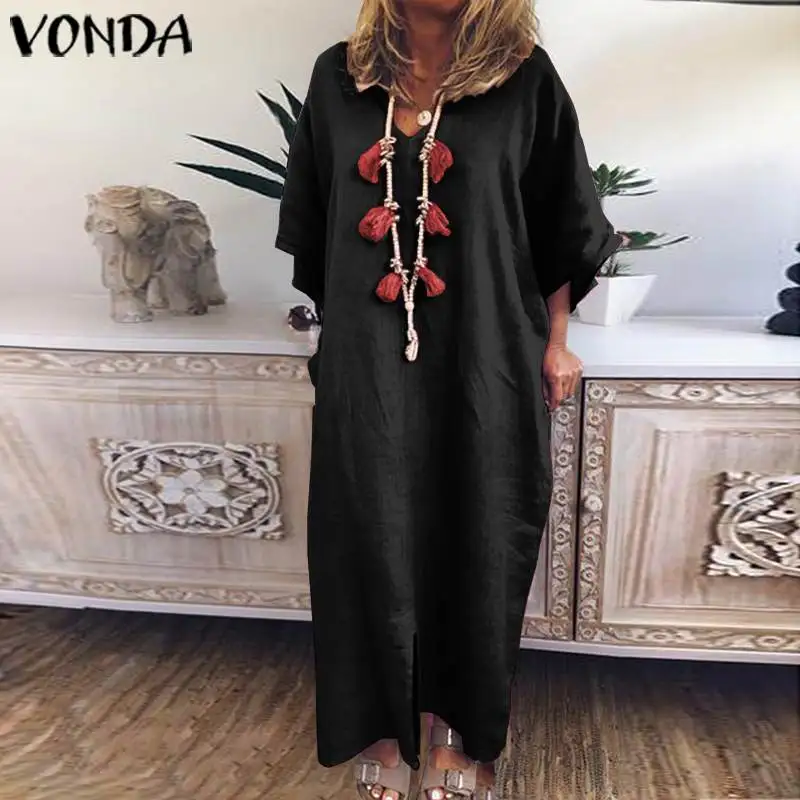 Летнее женское повседневное однотонное повседневное длинное платье VONDA, винтажные длинные платья vestidos robe Plus