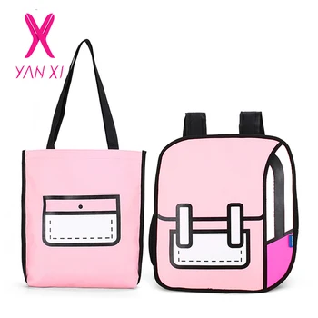 

2pcs Women Backpack 3D Jump Style 2D Drawing Cartoon Back Bag Comic Messenger Tote Fashion Cute Student Bags Unisex Knapsack