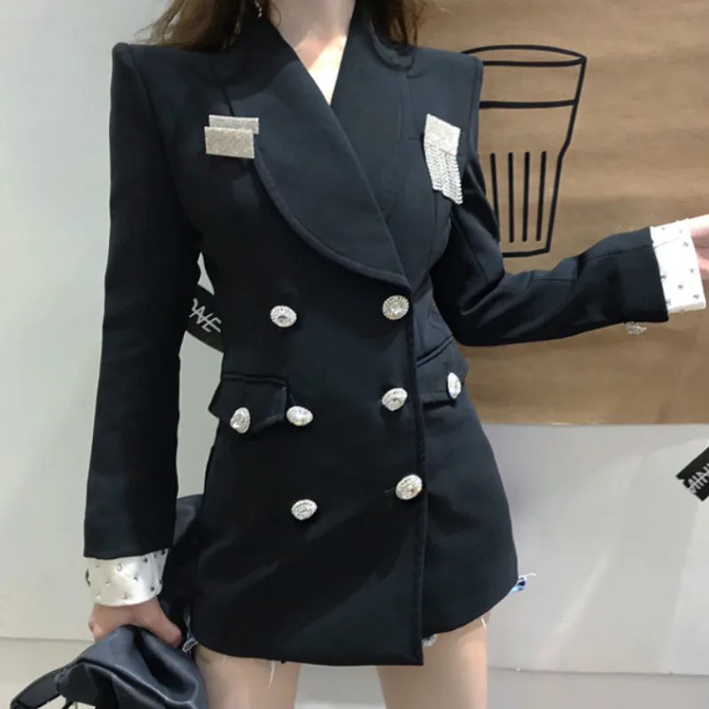 Retro Black Bright Diamonds Buttons Double-breasted Blazers Woman's Suits Long-sleeved Notched OL Jacket with Rhinestone Brooch | Женская