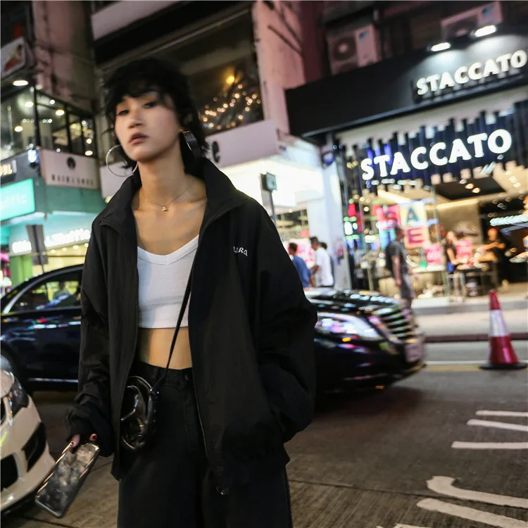 

Autumn to Handsome! Hong Kong Style Loose-Fit Stand Collar Embroidered Jacket Women's Casual BF Style Hip Hop Zipper Workwear Co