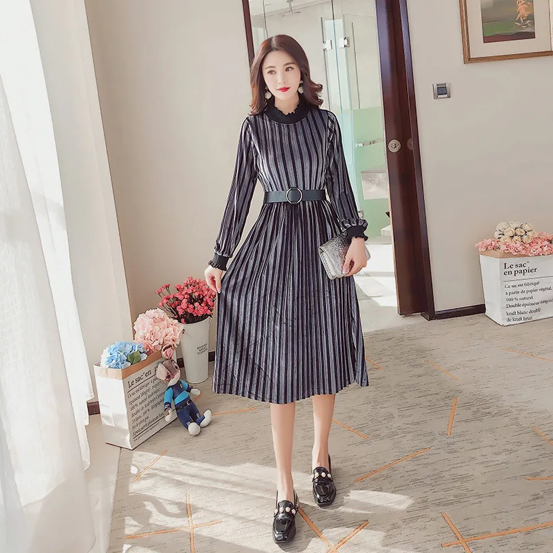 

2018 Spring Korean-style WOMEN'S Wear Gold Velvet Mid-length Mixed Colors Pleated Base Waist Hugging Dress