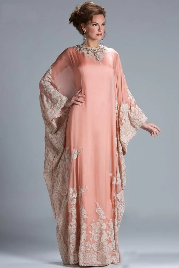 

2019 Plus Size Chiffon Kaftan Dubai Arabian Evening Dress Long Sleeves Appliques Lace Fitted Muslim Mother of the Bride Dresses