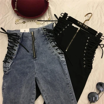 

Brand Women Jeans 2019 Causal High Wasit Streetwear Skinny Jeans Woman Fashion Solid Lace Up Pencil Pants Plus Size Mom Jeans