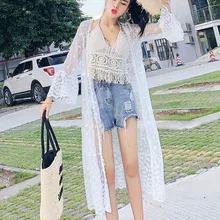 Приморский пляжный жакет Летний Стиль Вышивка кружевной кардиган свободный крой средней длины пальто женское тонкое пальто