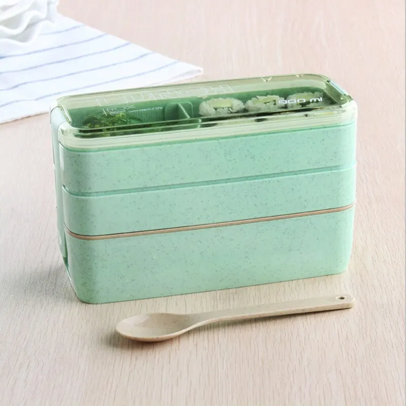 

Wheat Straw 3 Layer Lunch Box Student Bento Box Microwave Plastic Dinnerware Food Container Leakproof Lunchbox