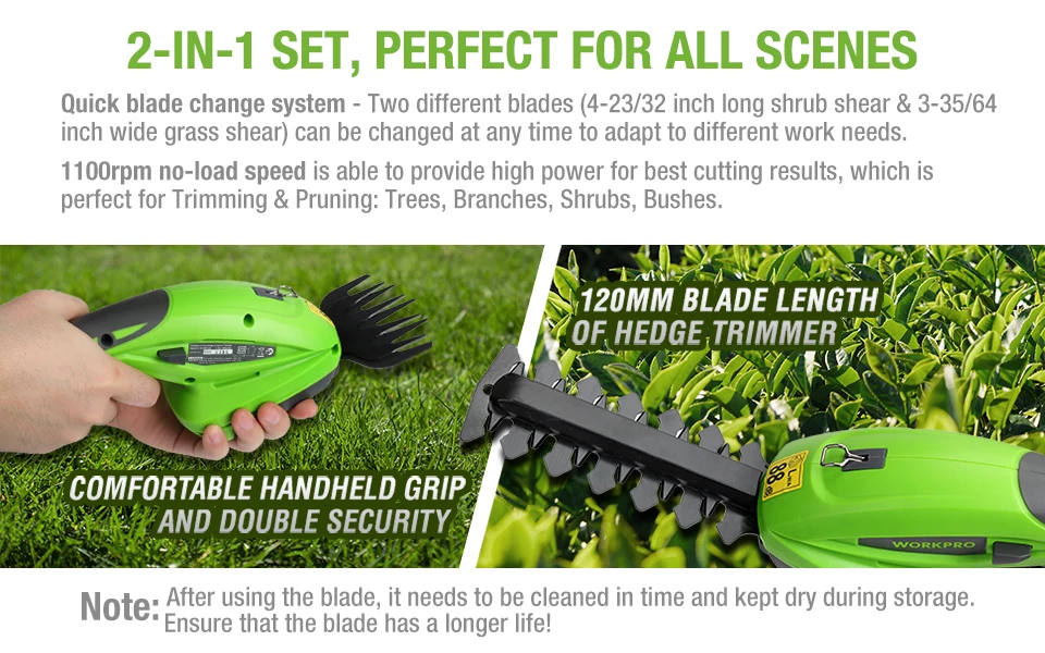 WORKPRO 7.2V Electric Trimmer 2 in 1 Lithium-ion Cordless Garden Tools Hedge Trimmer Rechargeable Hedge Trimmers for Grass