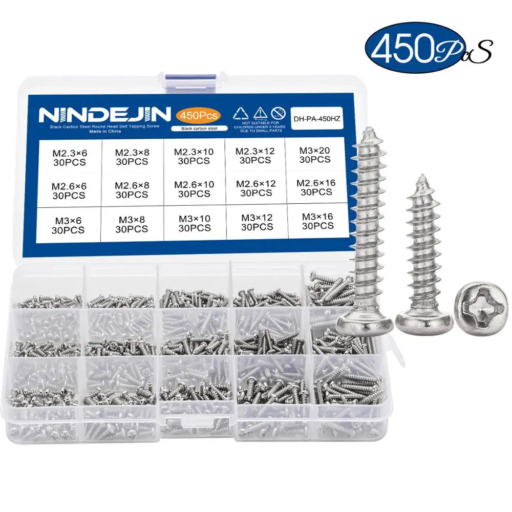 

450pcs Ni-plated Cross Recessed Round Pan Head Tapping Screw set M2.3 M2.6 M3 Carbon Steel micro Screws assortment kit