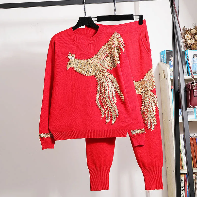 

Red Tracksuit Women Knitted Outfits Handwork Beading Sequins Phoenix Sweater Pencil Pants Set Female Loose 4 Color Knitting Suit