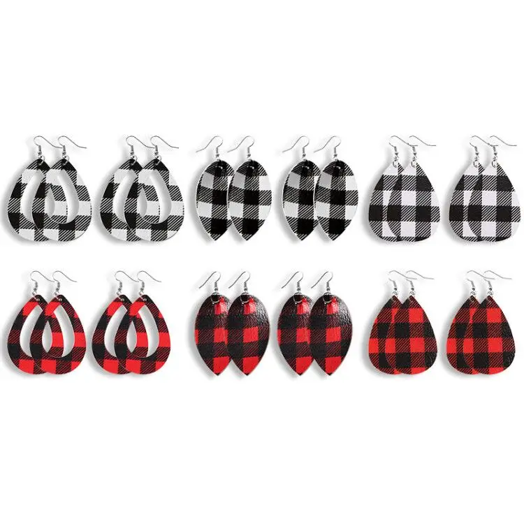 8 пар женских кожаных сережек Buffalo Plaid Brincos красный и черный капли воды Серьги Каплевидные модные кожаные серьги - Окраска металла: 12 pairs