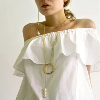 

Pearl long sweater necklace gold for women fashion winter necklace 2019