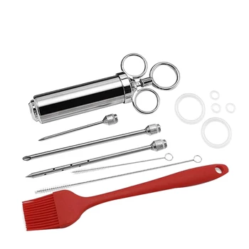 

New-Stainless Steel BBQ Frying Spice Syringe 60Ml with 3 Needles & Brushes,Kitchen Gadgets for BBQ Meat Beef Chicken Pastry