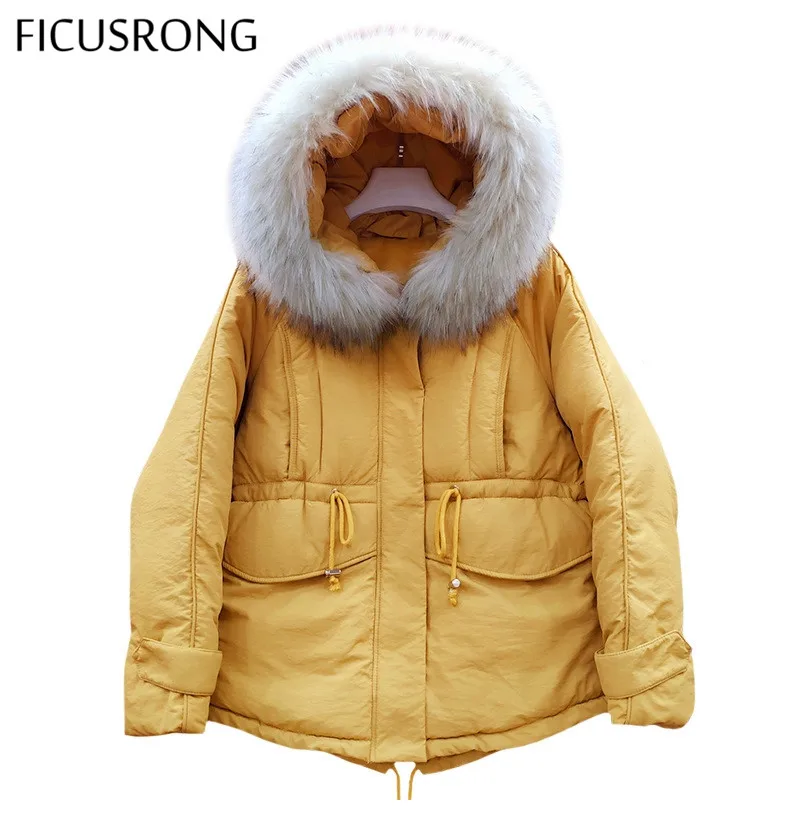 FICUSRONG элегантные однотонные женские зимние куртки с меховым воротником, хлопковые стеганые куртки, теплые парки с капюшоном
