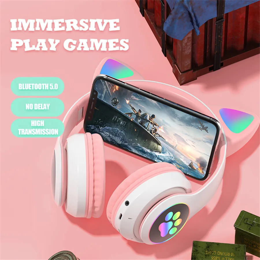 PGDM Glowing Light Cute Cat Bluetooth Headphone Best Christmas Gift Wireless LED Headset Stereo Music Earphone For Kids Girls