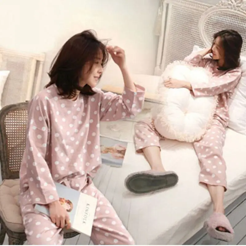 Комплект из 2 предметов, Женский пижамный комплект, милая Пижама с точками в горошек, повседневные топы, штаны, домашняя одежда с длинным рукавом, милая розовая ночная рубашка
