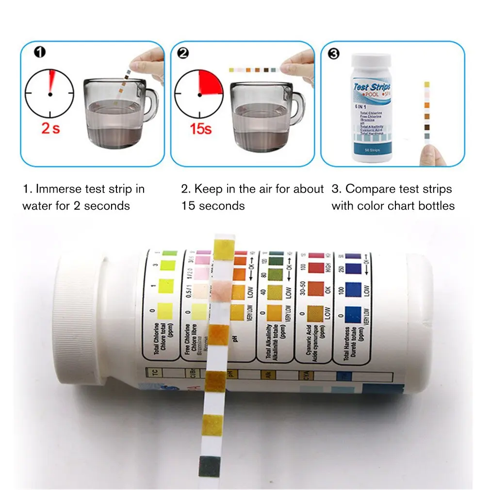 50pcs 6-In-1Multipurpose Chlorine PH Test Strips Swimming Pool Water Alkalinity Hardness Test Strip Pool Tester Household