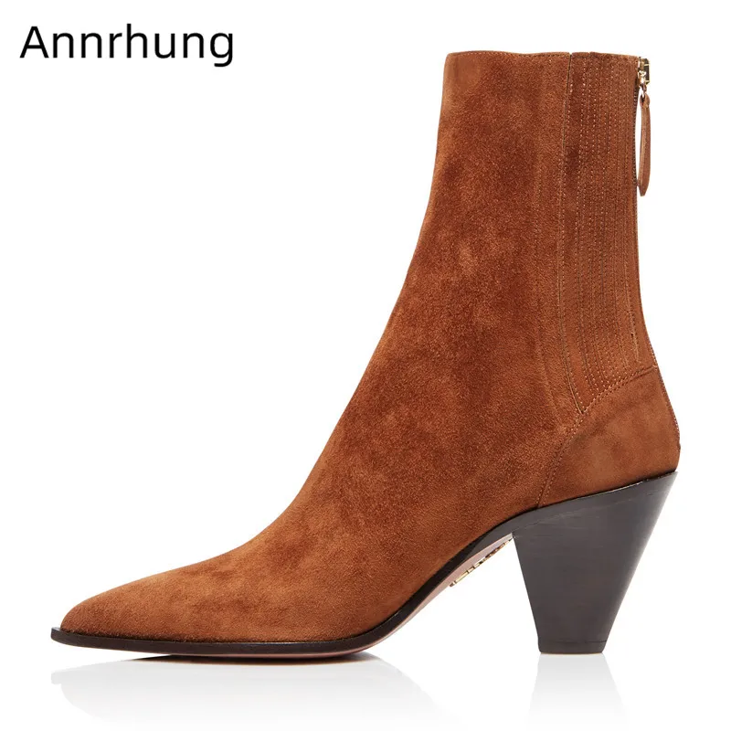 

Casual Shoes Women High Cone Heel Ankle Bottes Point Toe Back Zip Party Shoes Female Solid Suede Botas 2020 Autumn Botines Woman