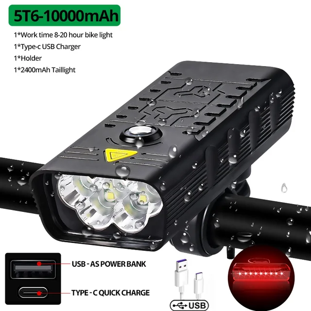 10000mAh Bike Light USB Rechargeable 5000 Lumens Bike Headlight 6T6 LED Super Bright Flashlight Front Lights and Back Rear light 5T6-10000mah set
