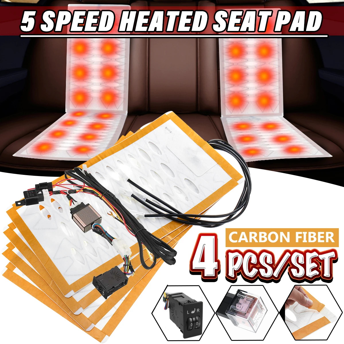 

Hot New 4 pcs Heated seats Covers Pad 5 Level 12V Carbon Fiber Universal Auto Car Seat Heating Pad Winter Warmer Heater