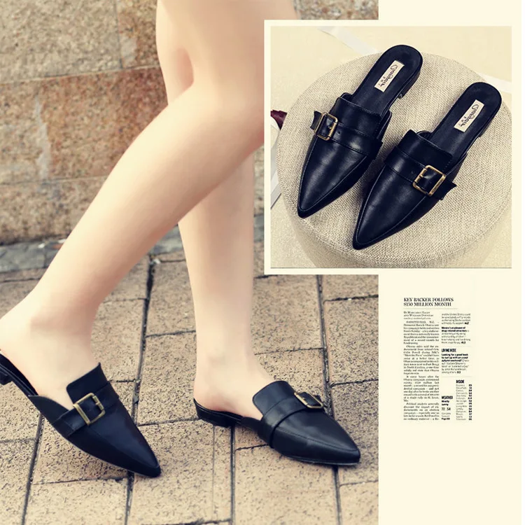 

New Style Flat Heel Pointed-Toe Retro Sandals Women's Closed-toe Flat Slipper Women's Belt Buckle Versatile WOMEN'S Shoes