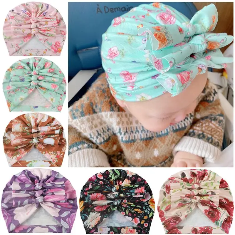 Children's hat Soft Knitted Cloth Pleated Bow Print Hat Baby Pullover |