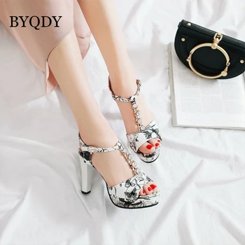 

BYQDY Hoof Heels Woman Sandals Bling Crystal High Heels Shoes Sequins Print Fringe Peep Toe Summer Ankle Strap Ladies Sandals 39