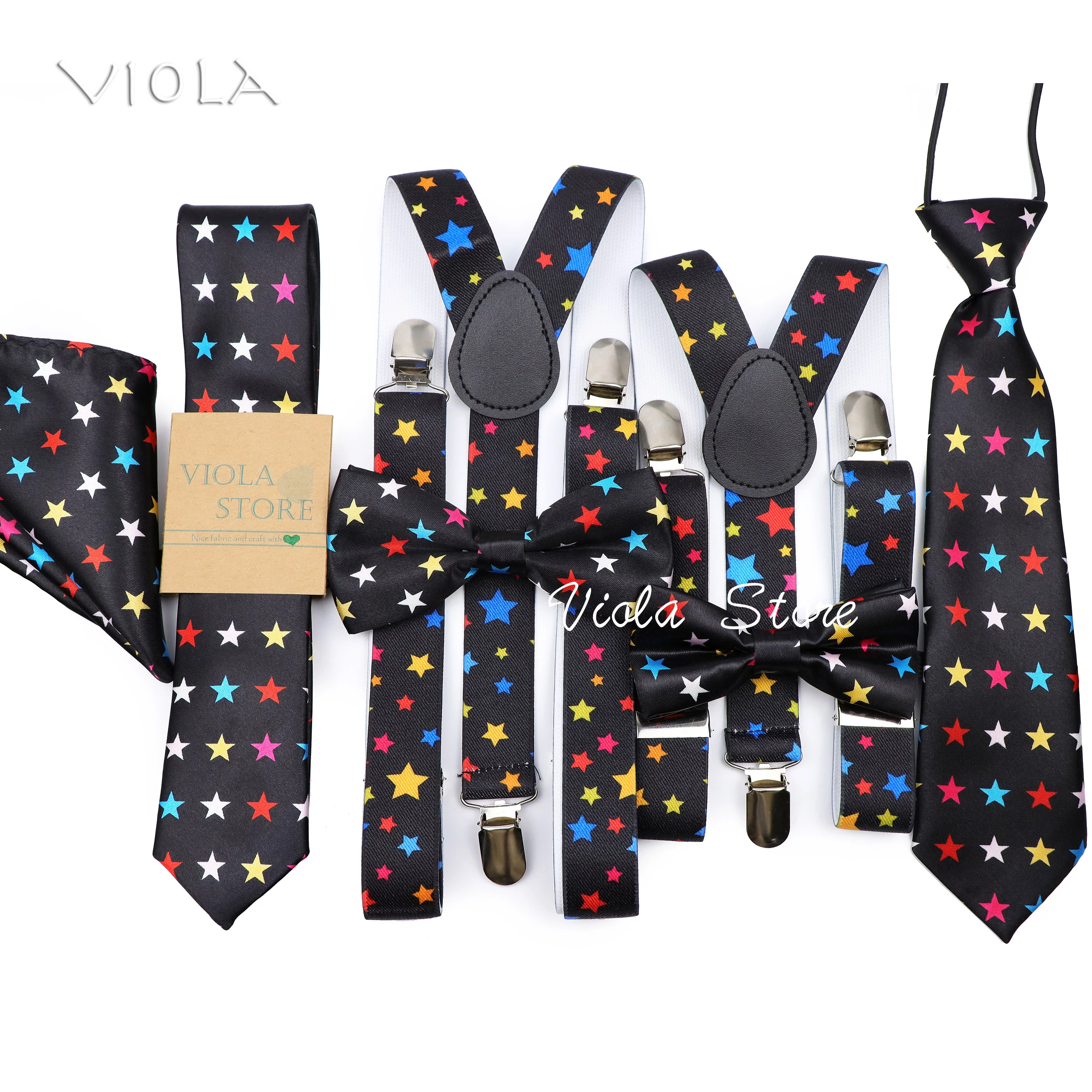 

Playful Colorful Stars Pint Black Suspender Bowtie Hanky Set Men Kid Fun Party Y-Back Brace Butterfly Belt Cravat Gift Accessory