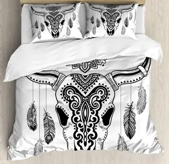 

Tribal Duvet Cover Set Western Bull Skull Mandala Style Dark Folk Feathers Ornamenting Horns Decorative 3 Piece Bedding Set