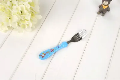 Blue Fork Детская мультяшная ложка, портативная для кормления, посуда из нержавеющей стали, ложка+ вилка, детская антиобжигающая ручка, обучающая посуда - Цвет: Blue Fork