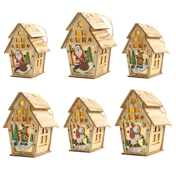 

Cute Double Roofs Wood House LED Christmas Tree Ornament DIY Luminous Holiday Decoration for Home Hanging Decor Xmas Gift