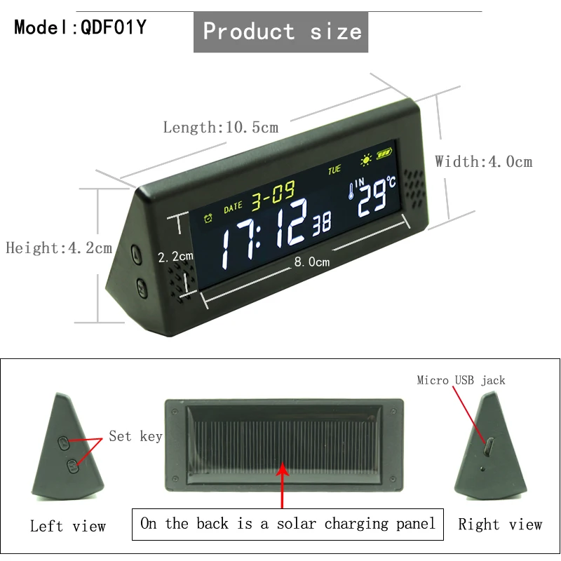 Solar Windshield Car Digital Clock Driving Time Reminder Smart Switch Wiring-Free High-Precision LCD Digital  Clock Car Watch