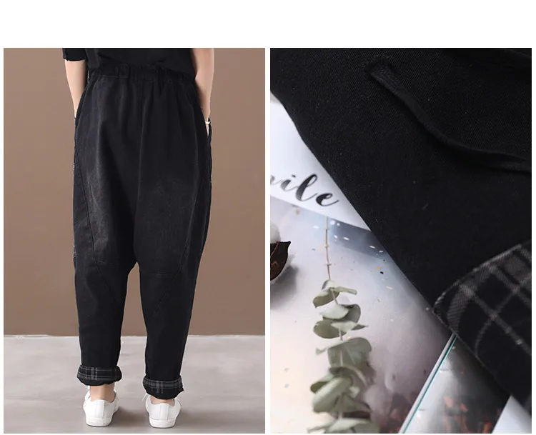 Women Jeans Autumn Winter Fashion Elastic Waist Elastic Waist Denim Pants New Ladies Loose Casual Vintage Plaid Trousers
