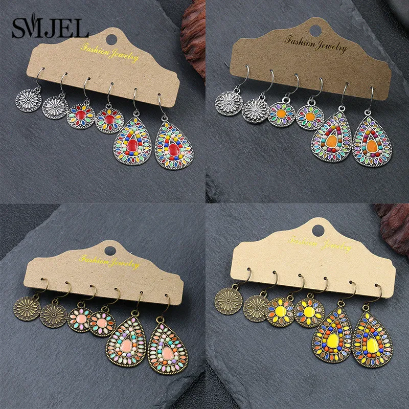 SMJEL, 3 пары, круглые Висячие серьги для женщин, винтажный богемский этнический висячие серьги с эмалью и маслом в виде цветка, ювелирное изделие, подарок