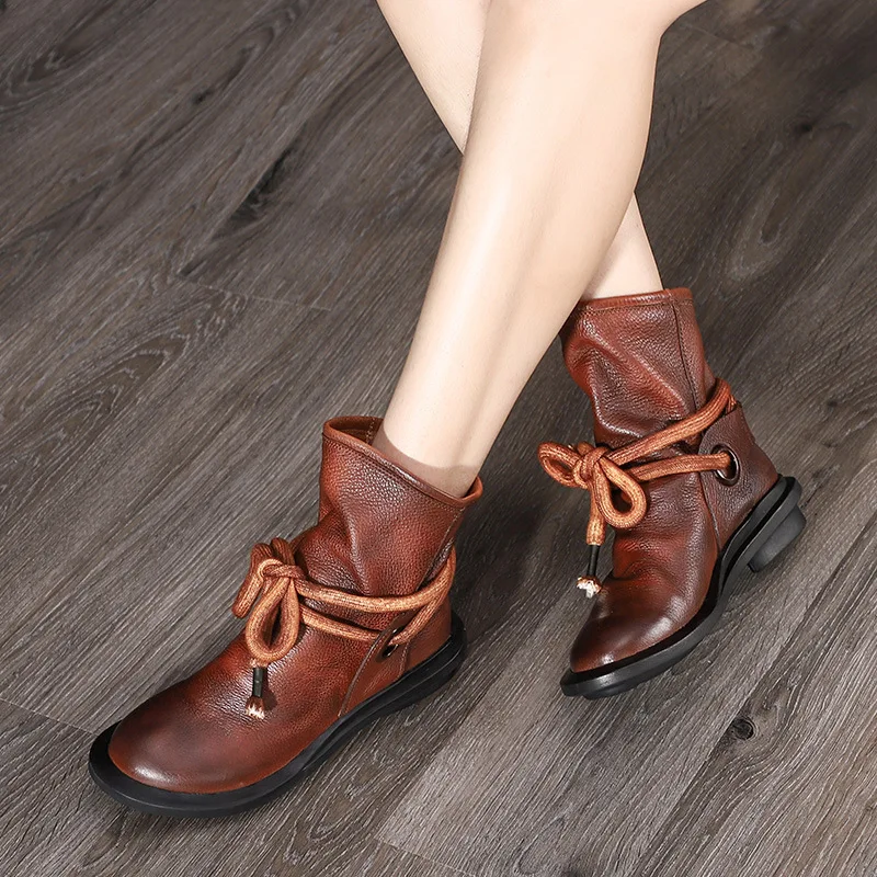 

Artdiya Original Autumn and Winter Flat Bottom Ankle Boots Retro Genuine Leather Solid Color Comfortable Round Toe Women Boots