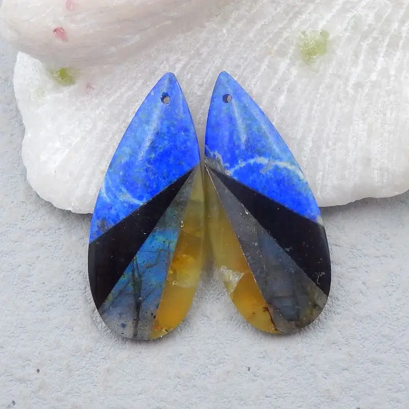 Natural Lapis Lazuli,Obsidian,Labradorite,Yellow Opal Handmade Drilled Earring Bead 38x16x5mm 9g Fashion Jewelry Earrings