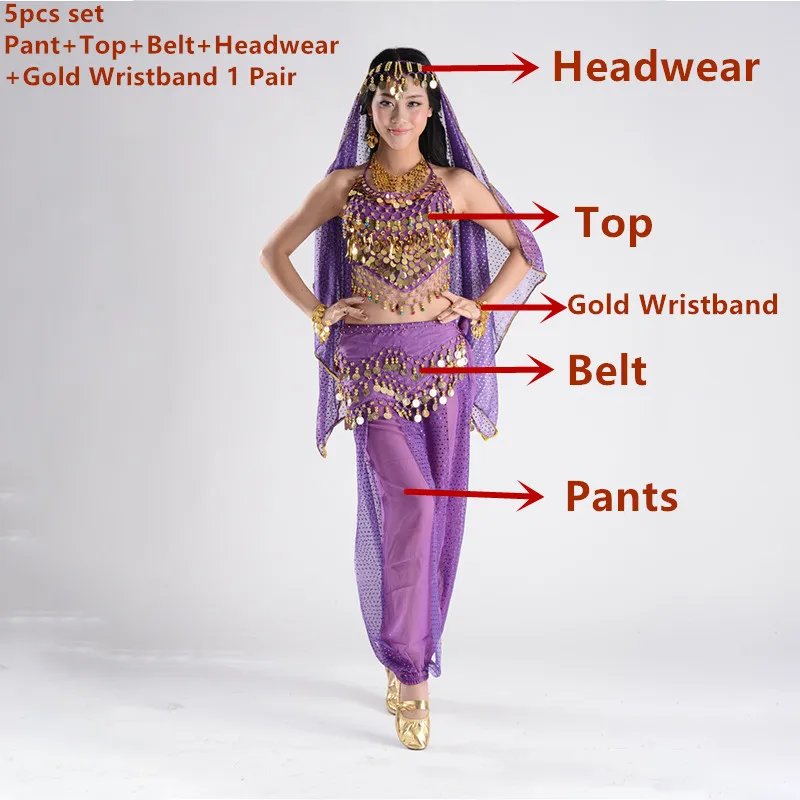 Костюмы для танца живота для продажи, штаны для женщин, Болливуд, индийский Египетский танец живота, платье для танцев размера плюс, для взрослых женщин, индийская одежда - Цвет: Purple 5pcs set