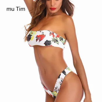 

New Sexy Bodycon Bikini Set Floral Print Strapless Swimwear Swimsuit Off Shoulder Brazilian Biquini Thong Bikini Maillot De Bain