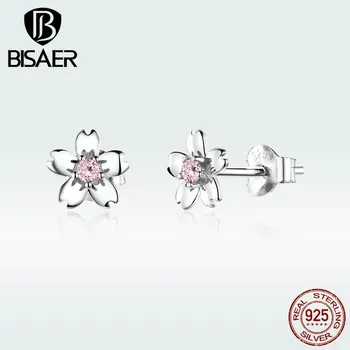 

BISAER 925 Sterling Silver Small Cherry Flowers Stud Earrings for Women Sterling Silver Jewelry Flowers Earrings GXE784