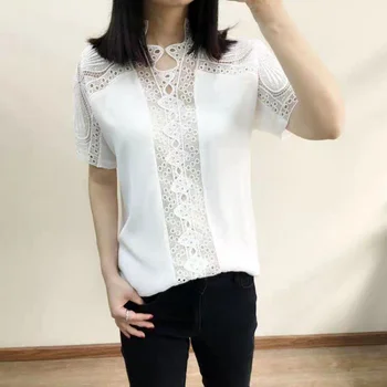 

New Hollow Out Women Shirt White Sweet Lace Blouse Short-Sleeved V Neck Ladies Top Female Clothes