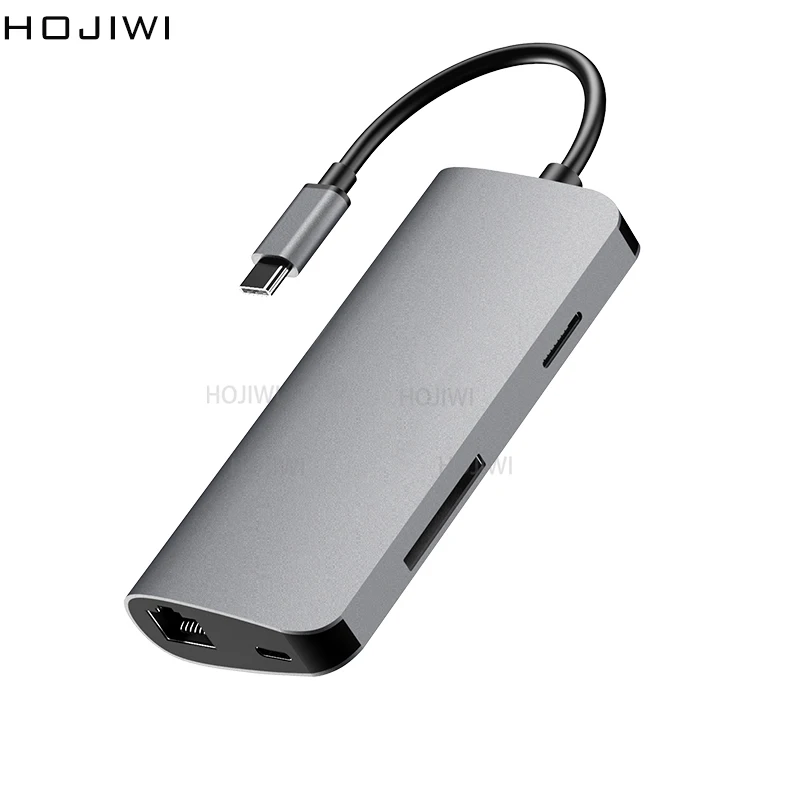 

HOJIWI 8 IN 1 Type C Hub USB-C To HDMI 4K Adapter RJ45 TF SD Reader USB3.0 PD hub Splitter For MacBook Pro/Air/Huawei Mate AA03