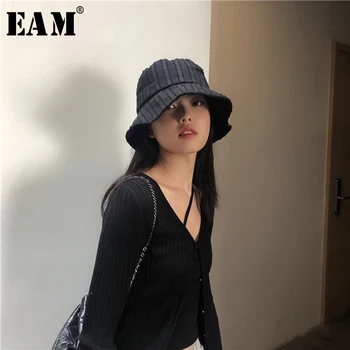 

[EAM] Women Striped Split Black Fishermen Hat New Round Dome Temperament Fashion Tide All-match Spring Autumn 2020 1T038
